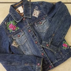 LimitedToo Denim JACKET S Blue Jean Jacket Embellished ROSES animal print Patch